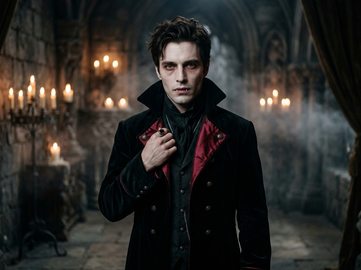 Photo converted into gothic vampire Halloween costume using AI prompt