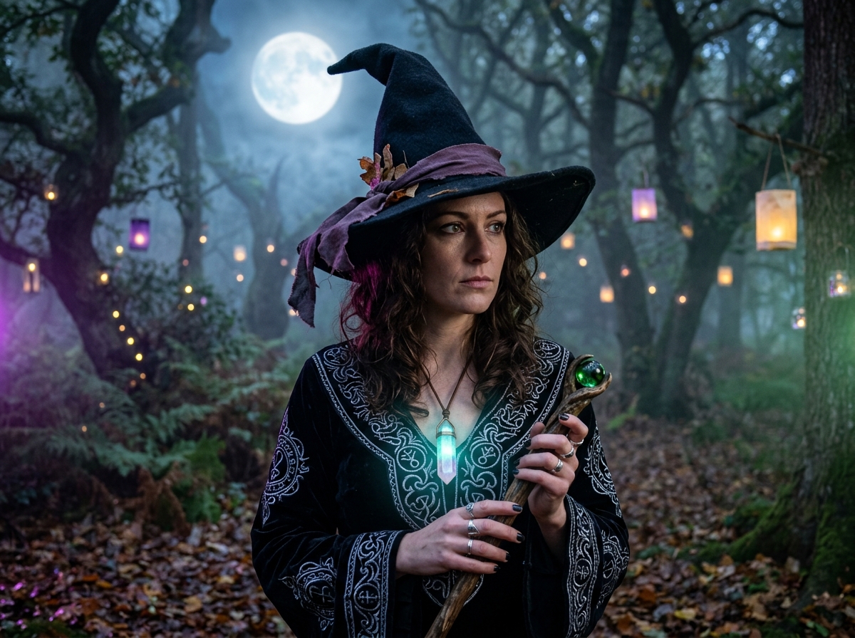 Old photo transformed into witch costume look with Halloween AI prompt
